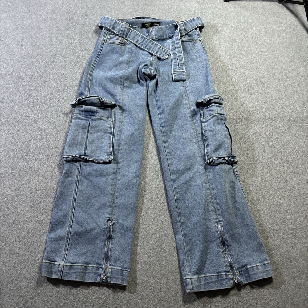 Y2K Wide Leg Denim Cargo Pants Tie Waist Ankle Zip Split Hem Utility Jeans M